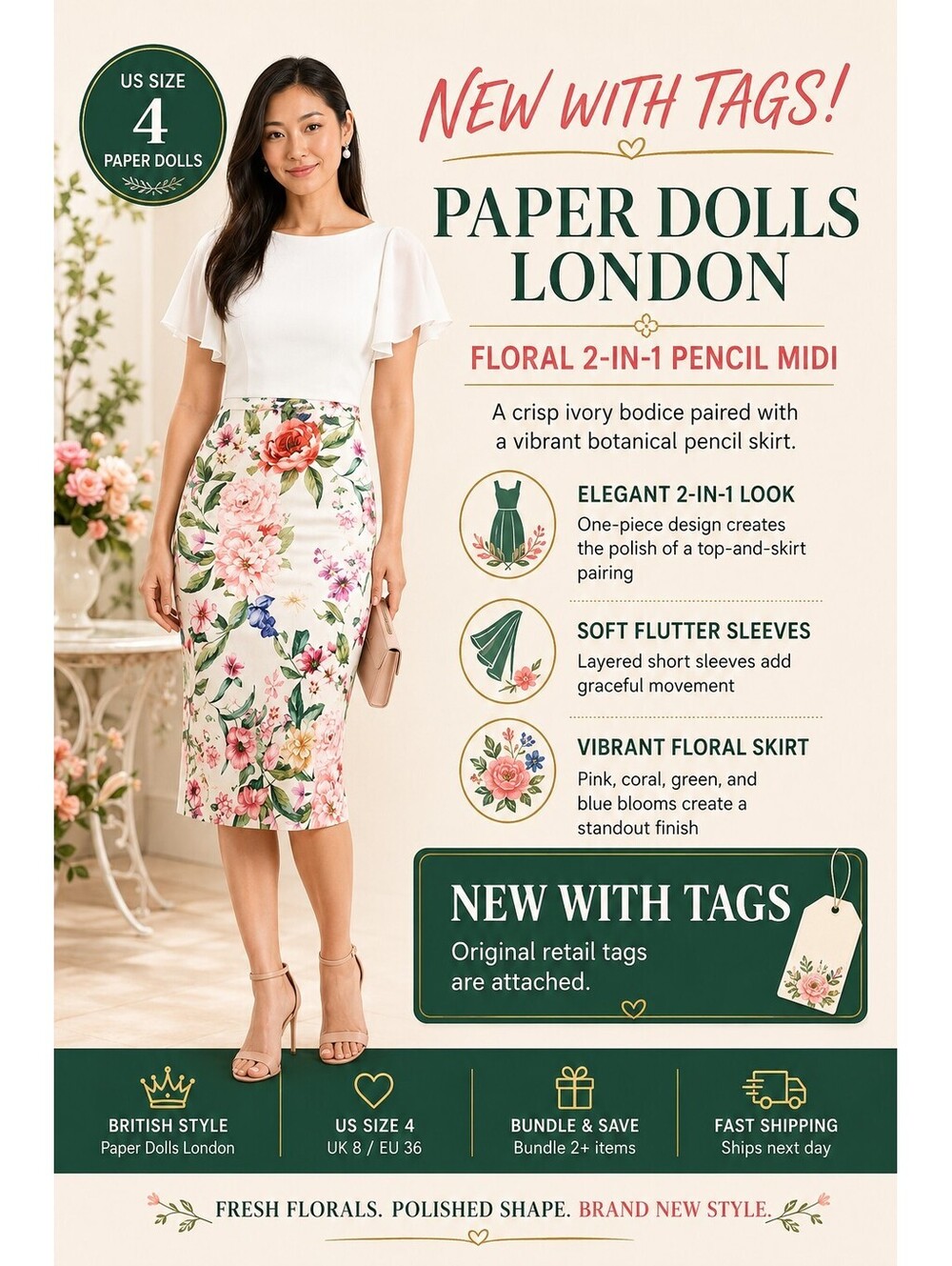 New With Tags | Paper Doll | Sz 4 | White Floral 2-in-1 Pencil Midi Dress